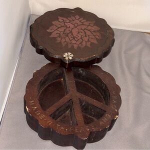 Lucky Brand Wood Swivel Top Made with Peace & Love Trinket Box Lotus Flower Boho